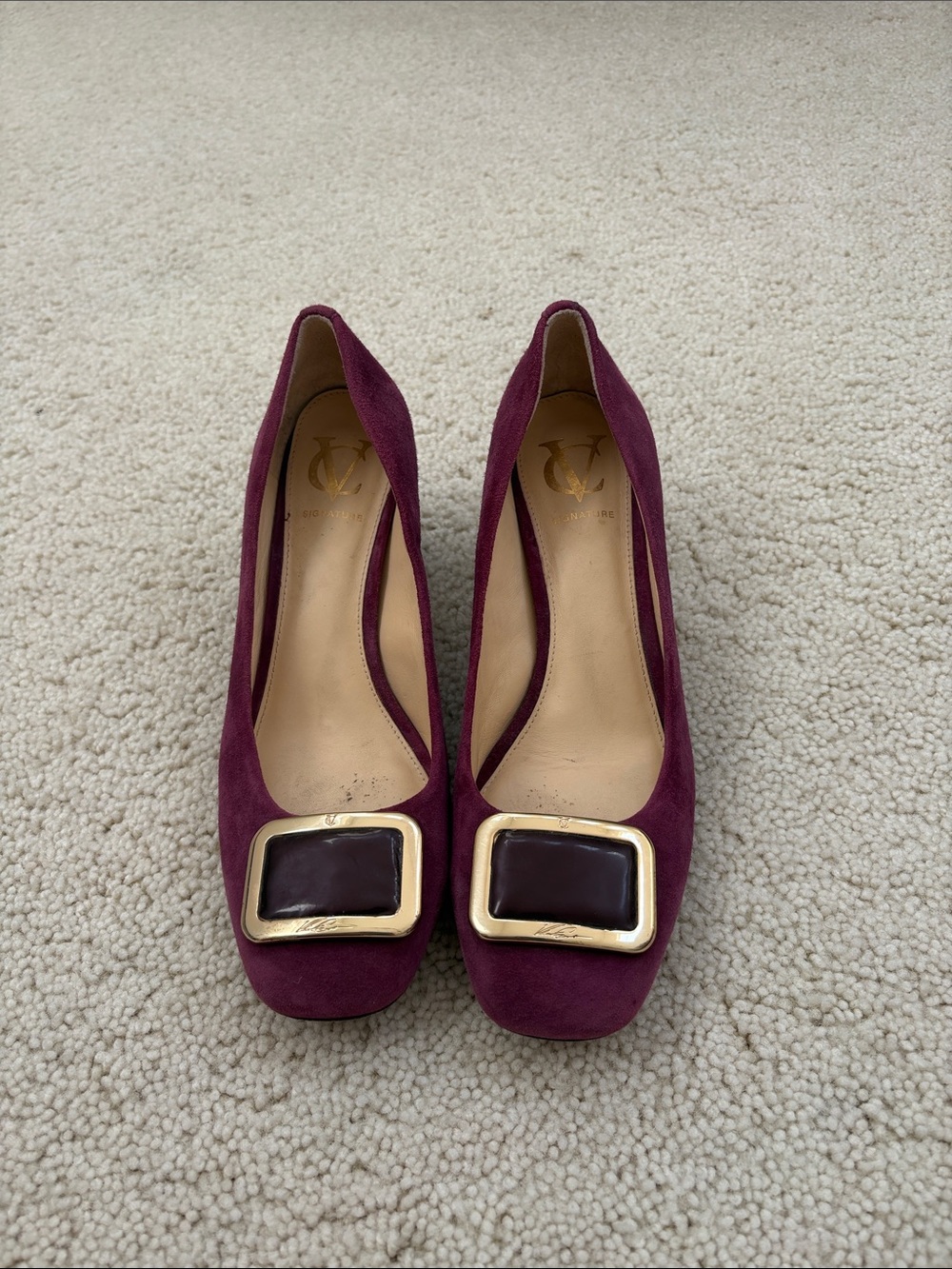 Vince Camuto Burgundy Suede Square-Toe Pumps with Buckle
